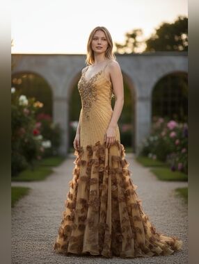 SUE WONG NOCTURNE FORMAL GOWN Gold Beaded With Ruffle Tulle Skirt
